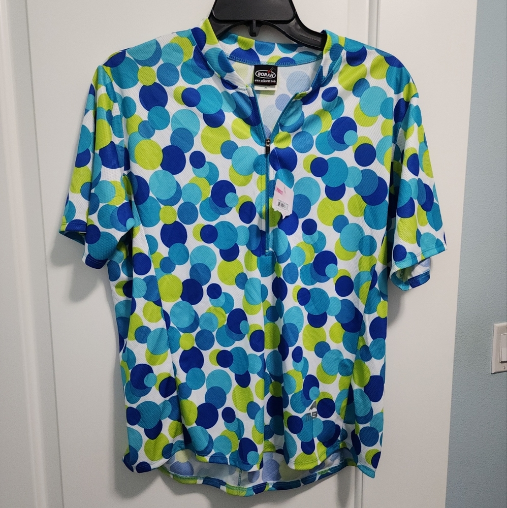 Borah Cycling blue and gren polka dot shirt sz XL